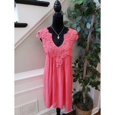 Entero Shift Dress Womens Medium Pink Rayon Lined Sleeveless Lace V Neck