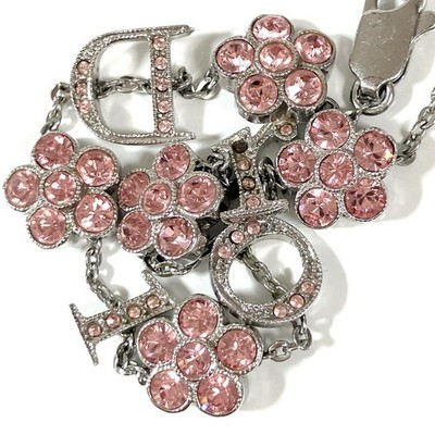 Christian Dior Flower Rhinestone Logo Bracelet Silver Pink