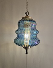 Huge BLUE Carnival BEEHIVE Glass Rainbow Vintage Light Swag Hanging Antique Lamp