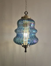 Huge BLUE Carnival BEEHIVE Glass Rainbow Vintage Light Swag Hanging Antique Lamp
