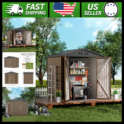 COMHOMA Metal Outdoor Storage Shed Lockable Doors Sloping Roof Brown 8x6