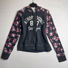 Y2K A ropostale Women  s XL Gray Fleece Full Zip Hoodie Floral