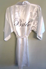 DAVIDS BRIDAL White Satin Short Robe Women Sz M "Bride" Belted Tie Kimono VGC