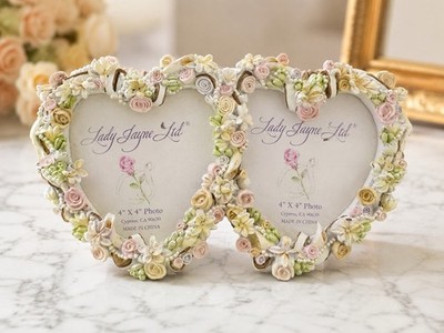 Lady Jayne Ltd Double Heart Photo Frame 4x4 Floral Roses Resin Shabby Chic 9 