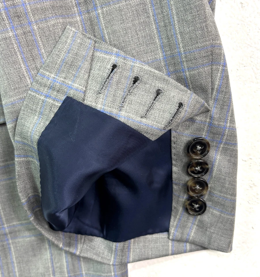 Loro Piana WW Chan 48L Blazer Chaqueta Traje Deportivo Abrigo Gris Azul Cuadros Ventana Foto 3 de 4