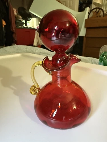 Vintage MCM Rainbow , Blenko?Glass Decanter Pitcher W Round Stopper Red Amberina