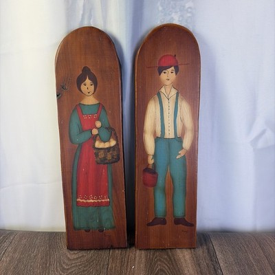 Set (2) Hand Painted Wooden Wall Folk Art Primitive Man & Woman Farmhouse Signed