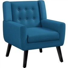 Button Tufted Armchair Linen Fabric Accent Chair Upholstered Leisure Chair Blue