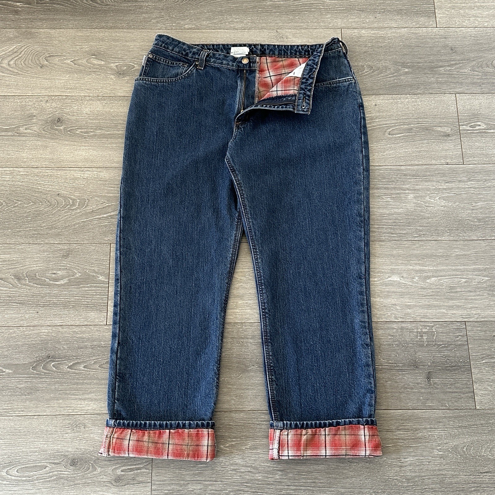 Women’s Carhartt Plaid Lined Jeans 18x32 Straight Fit Dark Wash Denim Workwear thumbnail 8