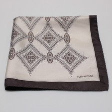 E. Marinella NWOT 100 Silk Pocket Square In Beige with Brown Geometric Print