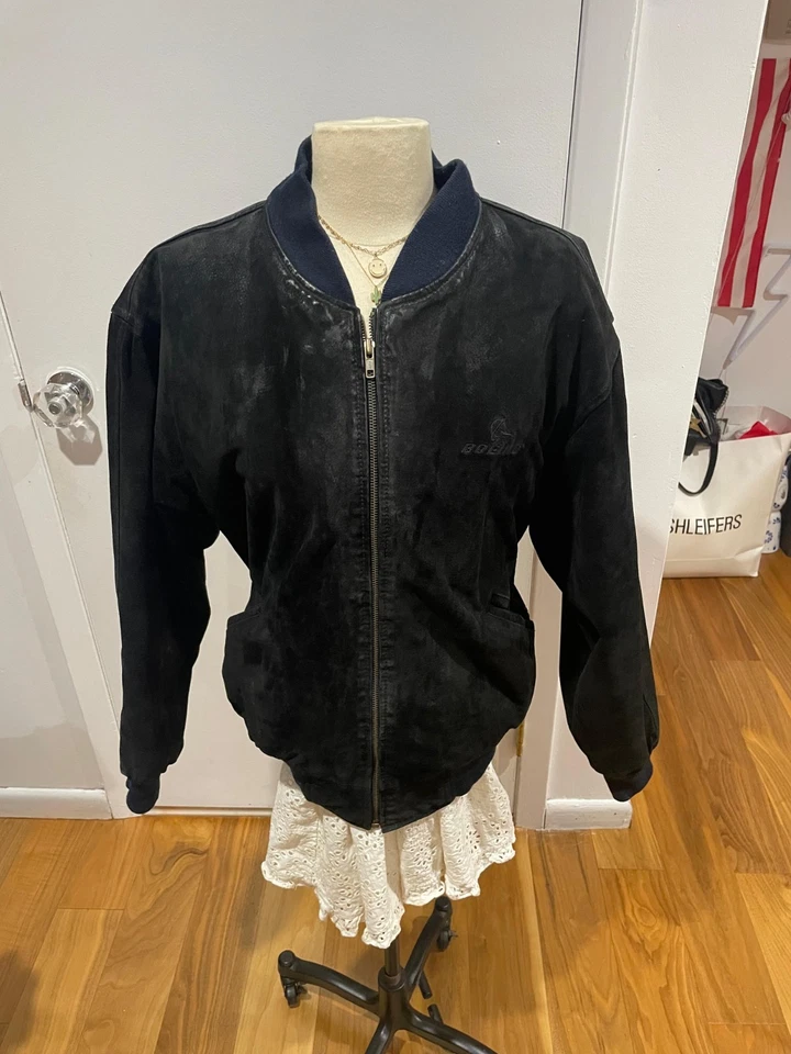 Vintage 1990s Exclusive Boeing Black Suede Leather Pilot Bomber Jacket Sz Small - Image 2 of 4