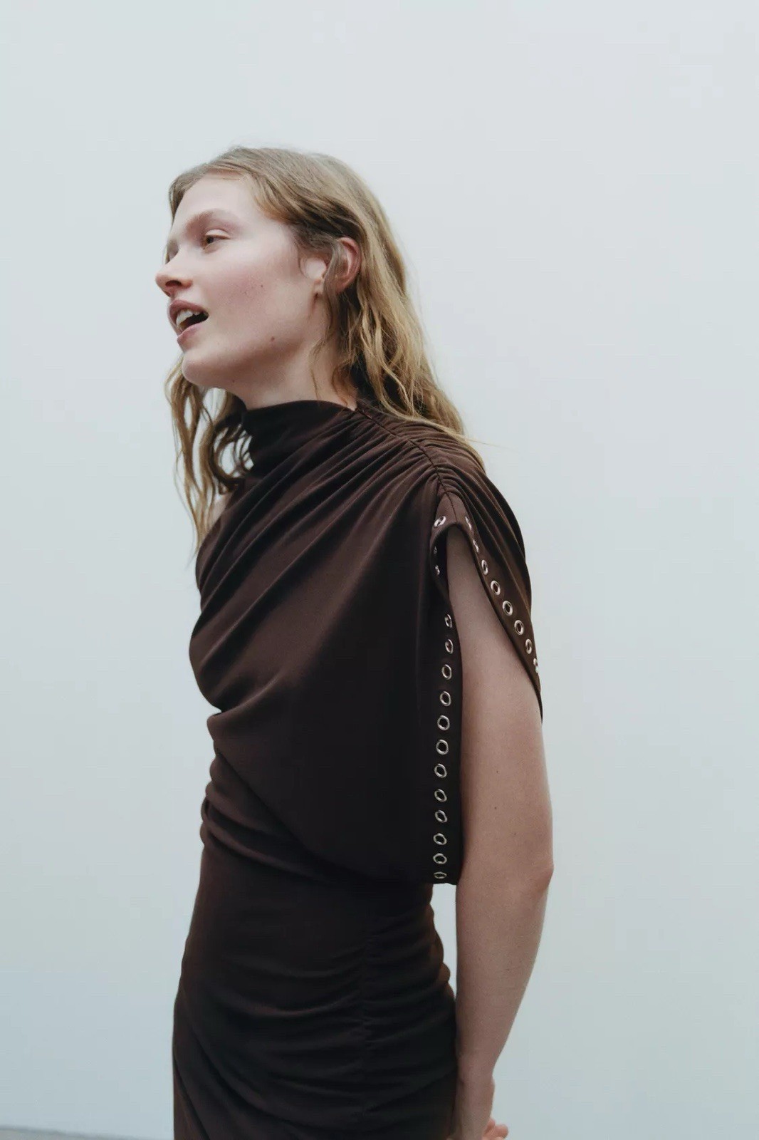 ZARA WOMEN ASYMMETRIC RUFFLE SHORT DRESS BROWN BRAND NEW WITH TAGS - MEDIUM (M)