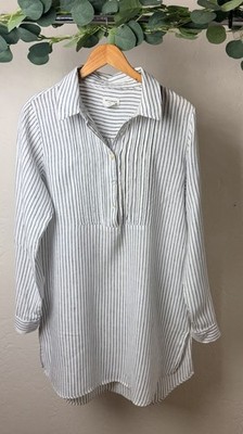 100% Linen White Blue Stripe Tunic Shirt Medium Pintuck Coastal Button Front
