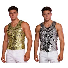 Men T-shirt Stage Tank Top Nightclub Vest Cover-up Fishnet Disco Front Glittery