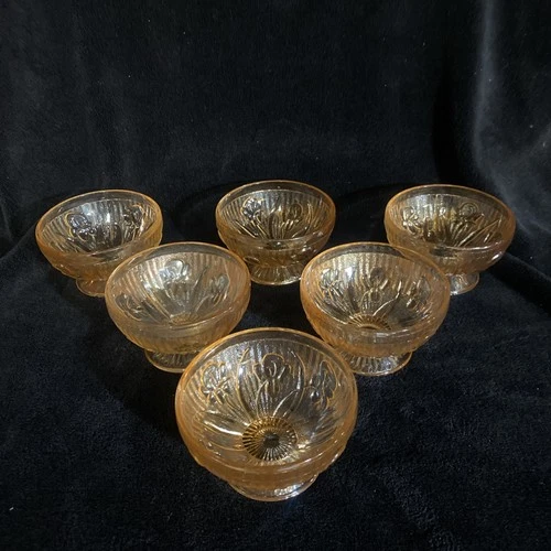 6 Jeanette Iris & Herringbone Glass Footed Sherbet Bowls Marigold Dessert Cups