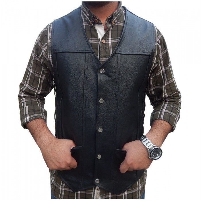 ARD® Men's Black Genuine Leather 10 pockets Motorcycle Biker Vest