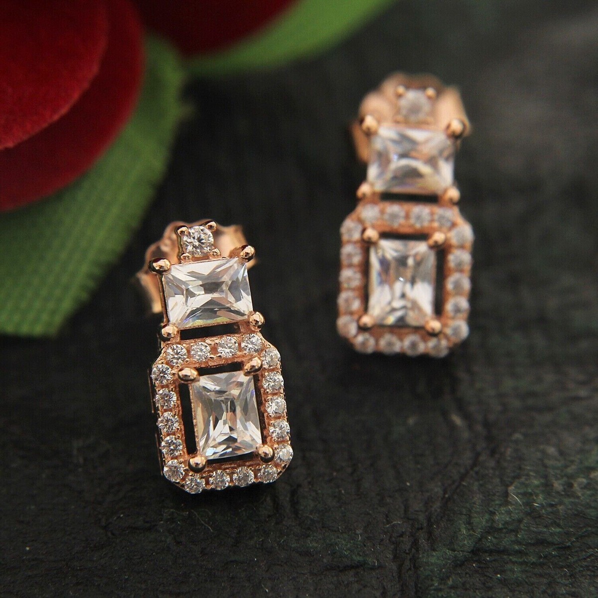 Emerald Cut Simulated Diamond Pretty Halo Stud Earrings In 14k