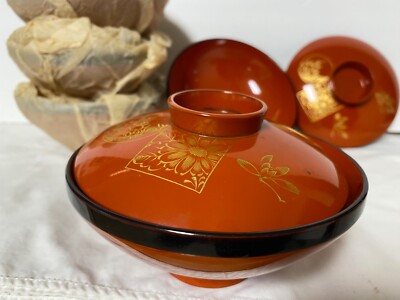 10 pc Japanese 5'' Miso Soup Rice Bowls w Lid Soy Sauce Red Bowl Black Gold Trim