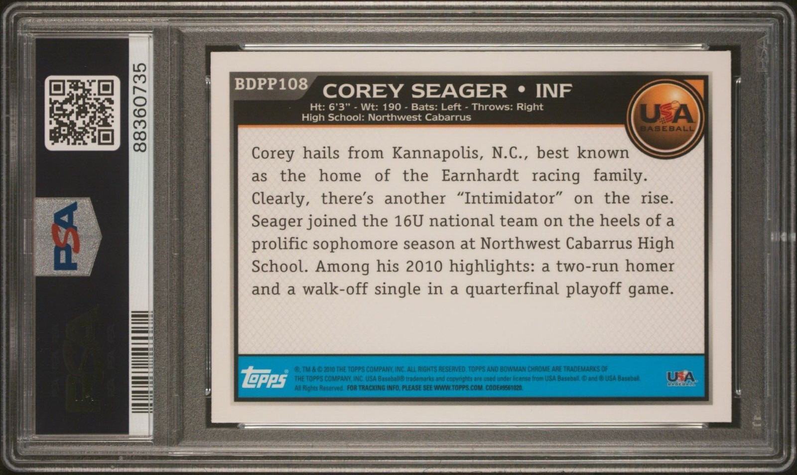 2010 BOWMAN CHROME DRAFT PICKS & PROSPECTS #BDPP108 COREY SEAGER RC PSA 9 MINT view 2