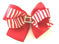 Red and White hair bow with Faux Diamond Buckle inspired hair bow.