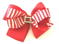 Red and White hair bow with Faux Diamond Buckle inspired hair bow.