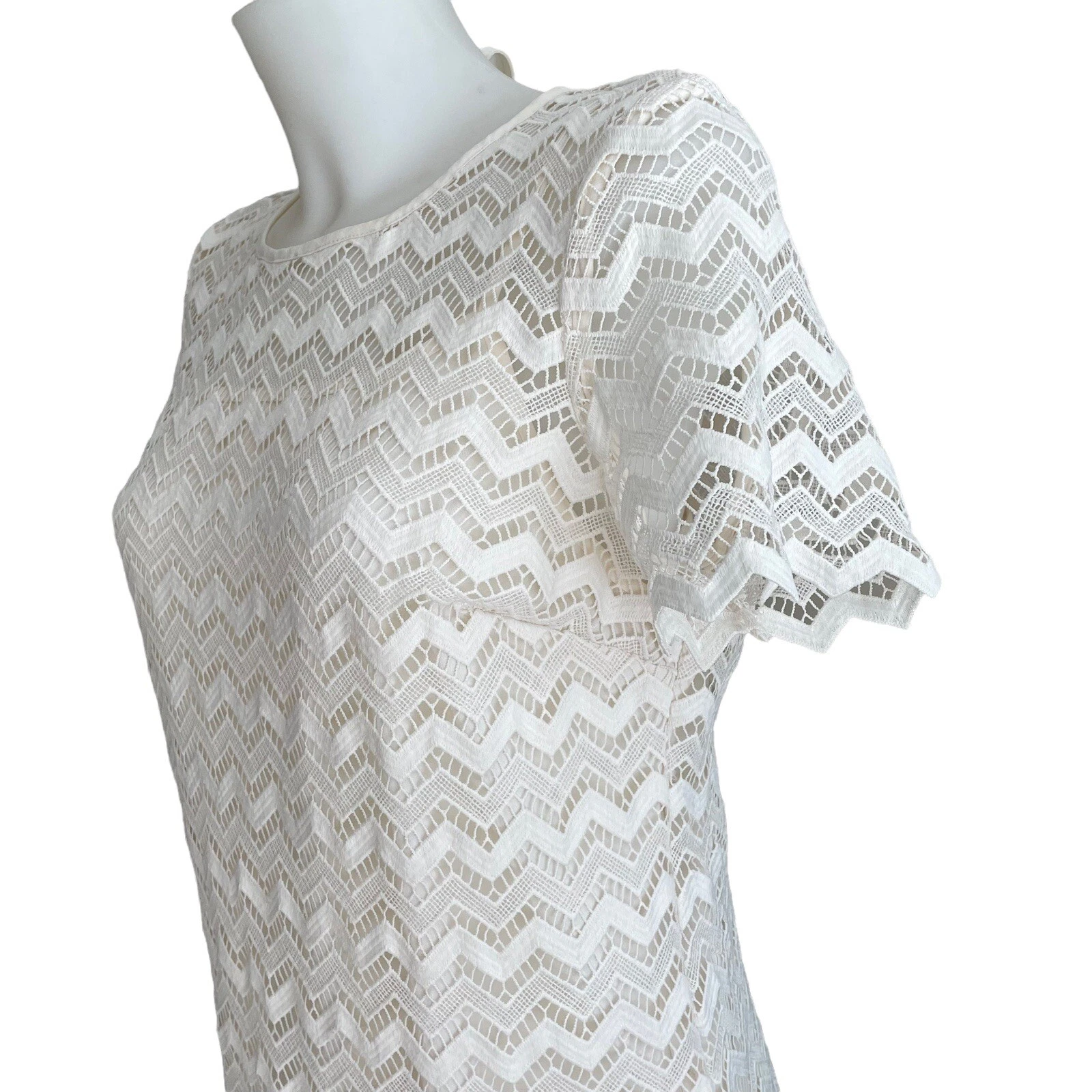 OFF WHITE ANN TAYLOR Off White Pizzo Chevron Tubino Mini Abito Manica Corta Donna Taglia 6