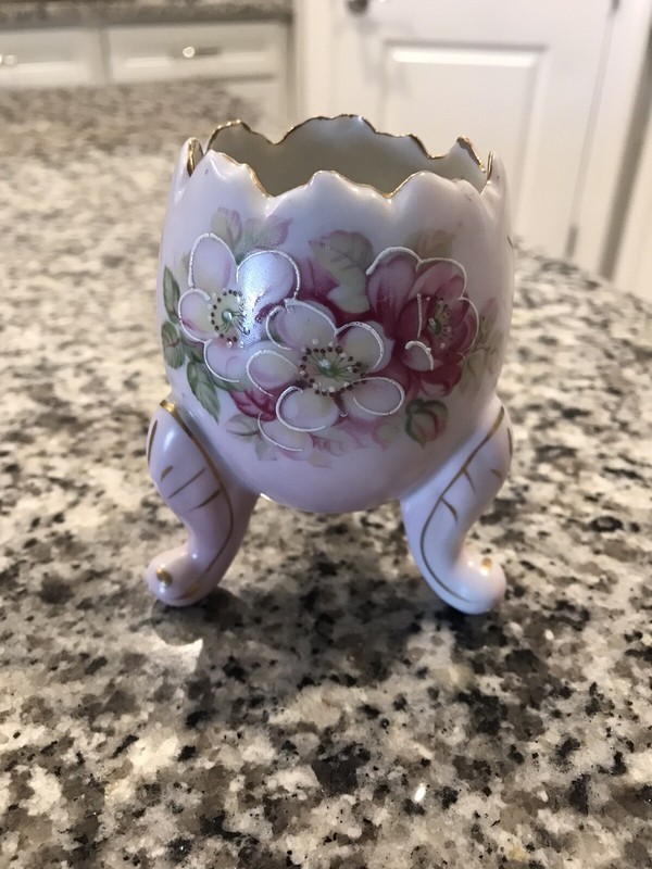 Vintage Pink Hand Painted 3 Footed Egg Planter Vase Pink Roses 4” Gilded