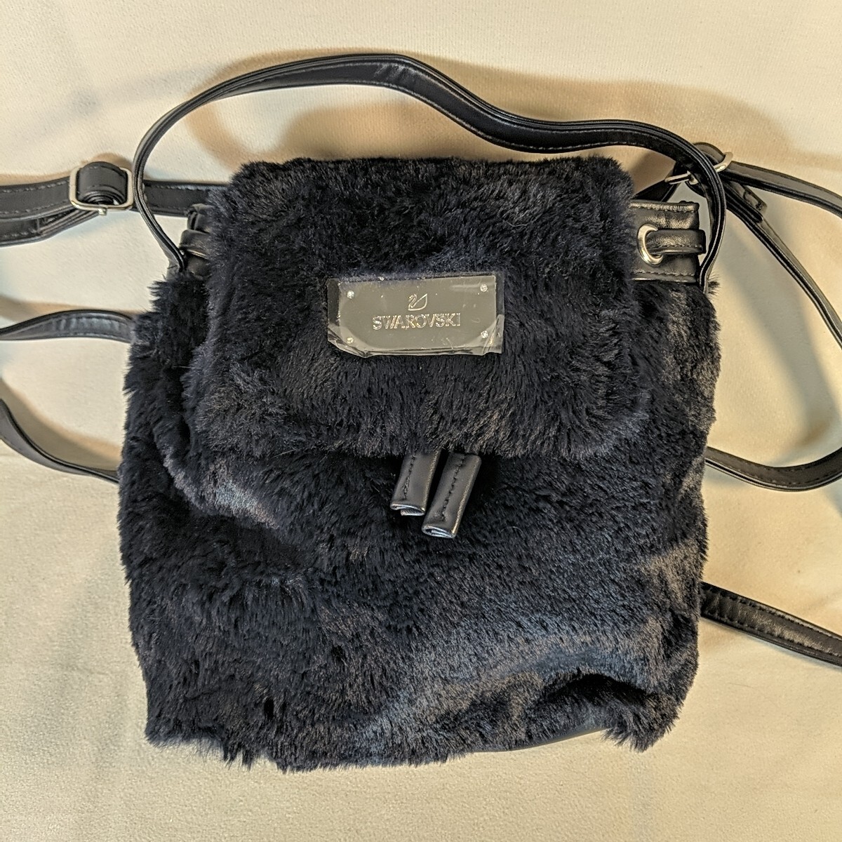Swarovski Navy Blue Mini Small Fur Backpack Bag Faux Furry Crystal