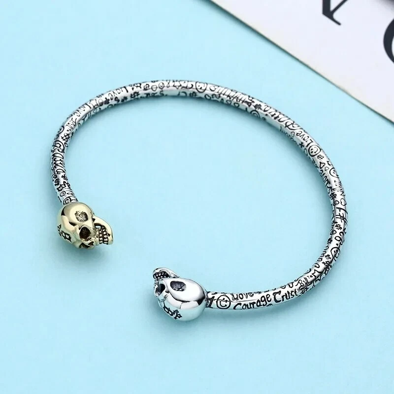 Brazalete Brazalete Retro Tailandés Plata Calavera, Punk, Motociclista, Rock, Hip-Hop Estilo Graffiti Foto 3 de 4