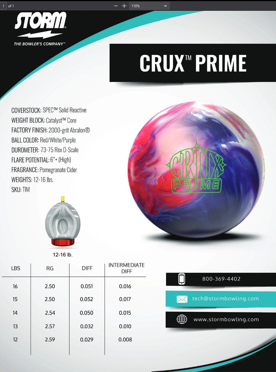 15lbs Storm Crux Prime Solid Bowling Ball (Fully Plugged)