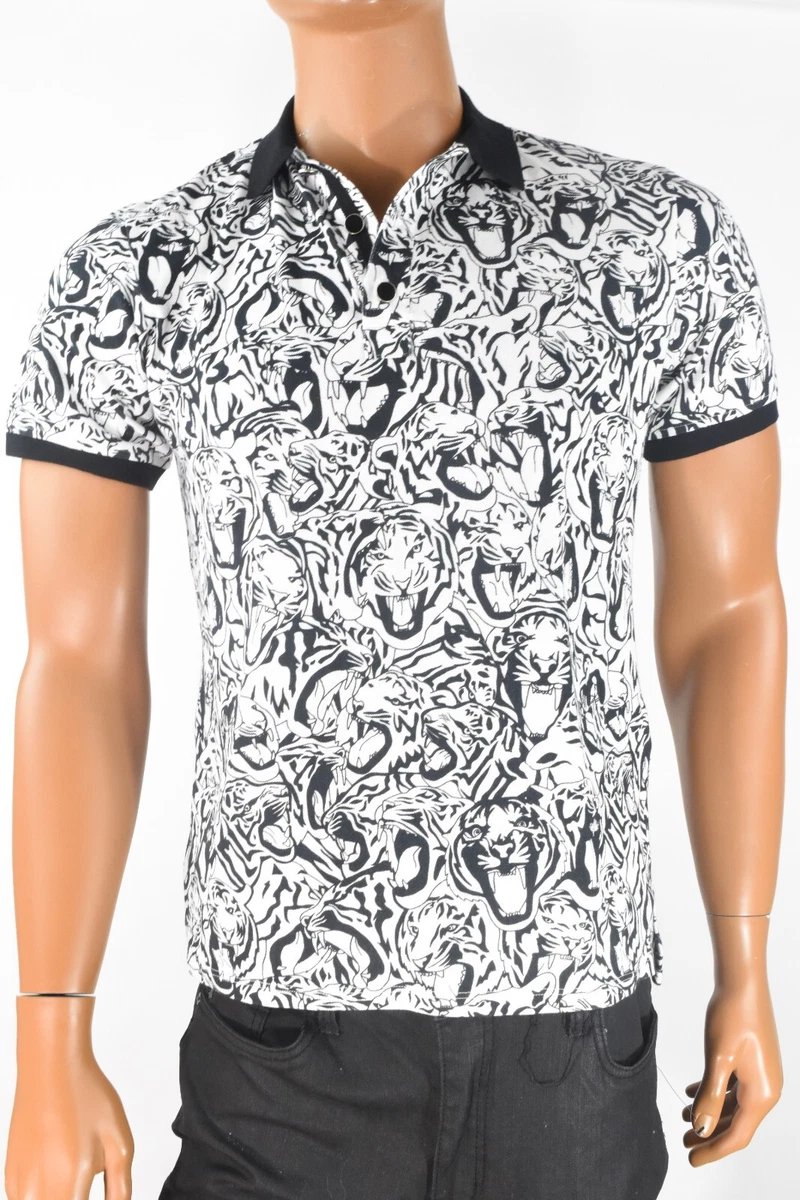 Just Cavalli Mens Polo Shirt New S Black White Short Sleeve Tiger graphic 310