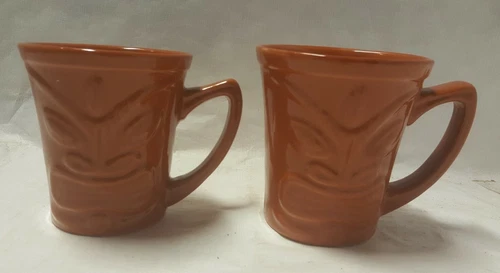 The Original Trader Vic's  Since 1934 Awesome Pair Of Brown Pottery Tiki Mugs 