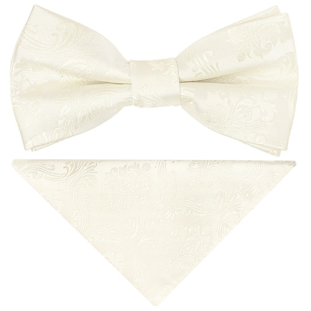 Pre Tied Ivory Paisley Boys Bow Tie and Pocket Square Set Children's Wedding Tie