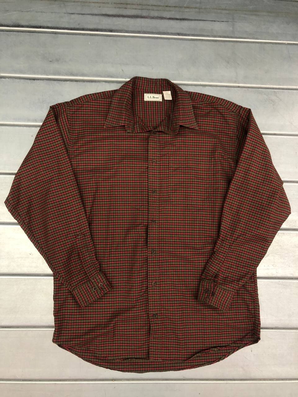 Vintage LL Bean Mens Button Down Checkered Shirt Size Large Reddish Brown Green