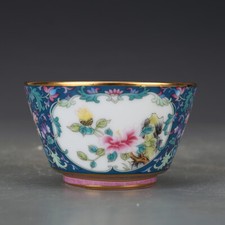 Tazza uccellino animale fiore di loto porcellana smaltati colore Qing cinese 3,2"