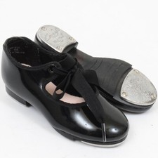 Capezio Jr. Tyette Tap Shoe Child Kids Girls Size 10 Shiny Black Ribbons