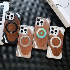 Magnetic Metal Real Wood Stand Case For iPhone 17 Pro Max 17 Pro 16/15/14Pro Max