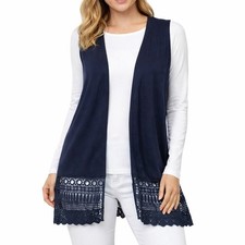 Chicos Blue Open Front Vest Crochet Lace Hem Sleeveless Cardigan Sz 1 Lagenlook