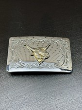 Vintage Longhorn Steer Head Western Belt Buckle Silver Tone Gold Accent USA