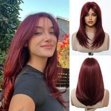 Wine Red Medium Length Straight Synthetic Wig with Bangs for Women Daily