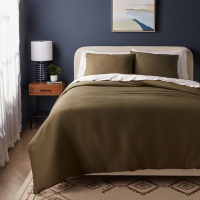 Full/Queen Washed Cotton Sateen Duvet Cover and Sham Set Dark Olive Green
