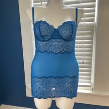 VTG 90s FREDERICK  S OF HOLLYWOOD Teal Blue Underwire Stretch Lace Nightie SZ XL