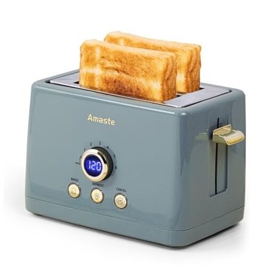2 Slice Toaster, Retro Bread Toaster with LED Digital Countdown Timer, Ash Blue