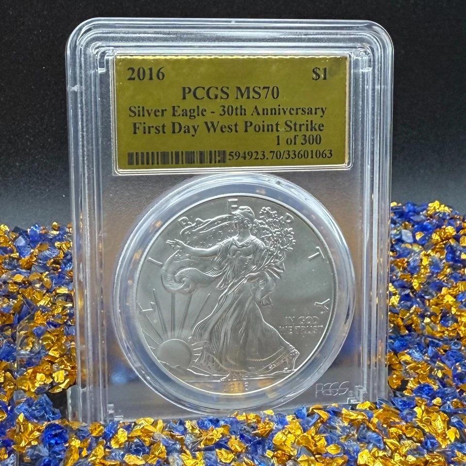 2016 $1 Silver Eagle primeiro dia de emissão PCGS MS70 etiqueta folha de ouro rara 1 de 300 - Imagem 3 de 4