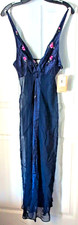 Cinema Etoile M Vintage NWT Floral Embroidered Slip Gown Satin Chiffon Navy Pink