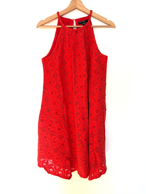 Maggie London Swing Shift Dress Sz 10 Woman Coral Lace Overlay Sleeveless Halter