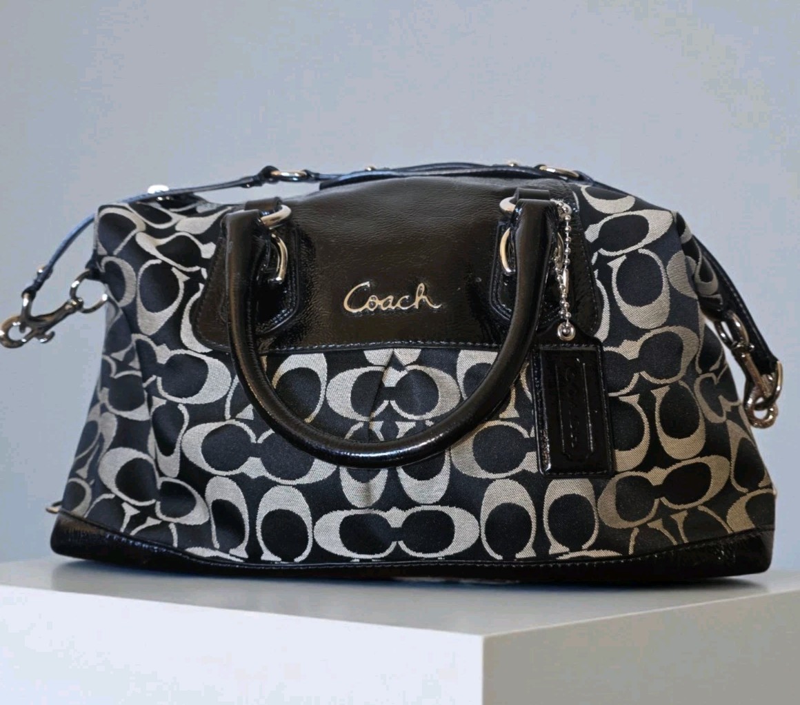 COACH Black C Signature Leather ASHLEY Oversized Boston Bag Strap