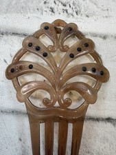 Vintage Art Nouveau Celluloid Hair Comb Tan/rhinestone Mantilla Back Comb