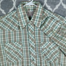 H Bar C Ranchwear Western Shirt Men Medium Green Plaid Pearl Snap Cowboy VTG