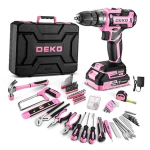 Power Drill Tool Kit Set: 20V Cordless Electric Drill, Driver, Tool Box Pink